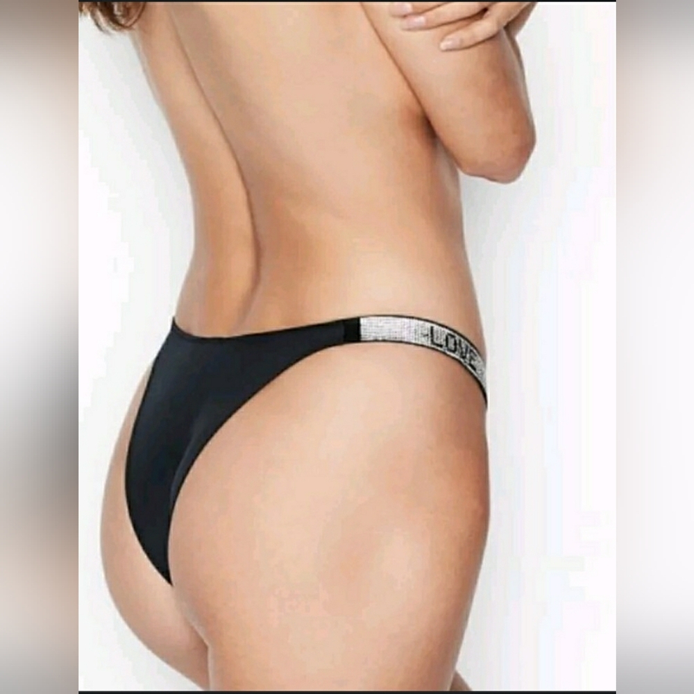 Black Thong with Rhinestone LOVE Band sport string slips t-back brillant